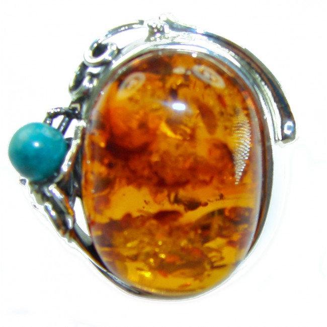 Blue Spider - Natural Baltic Amber Turquoise .925 Sterling Silver handcrafted ring; s. 8 adjustable