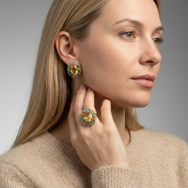Vivien Luxurious Style - Natural 11.2 carat Citrine Aquamarine .925 Sterling Silver dipped in 18K Gold handmade earrings