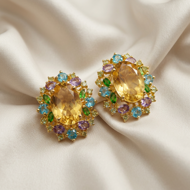 Vivien Luxurious Style - Natural 11.2 carat Citrine Aquamarine .925 Sterling Silver dipped in 18K Gold handmade earrings