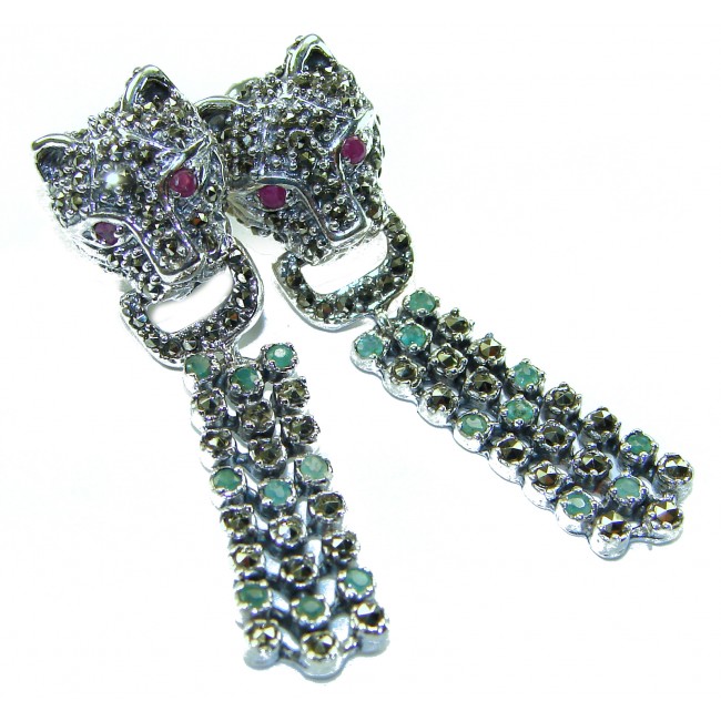 Panthère Ruby Emerald Sapphire Marcasite .925 Sterling Silver earrings