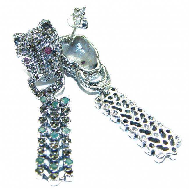 Panthère Ruby Emerald Sapphire Marcasite .925 Sterling Silver earrings