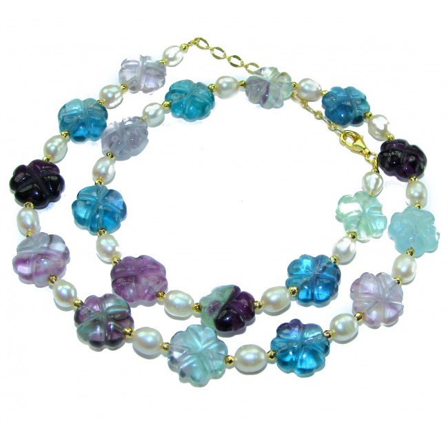Giovanna - Top quality Natural carved Fluorite Mother of pearl .925 Sterling Silver dipped in 14K Gold handcrafted necklace