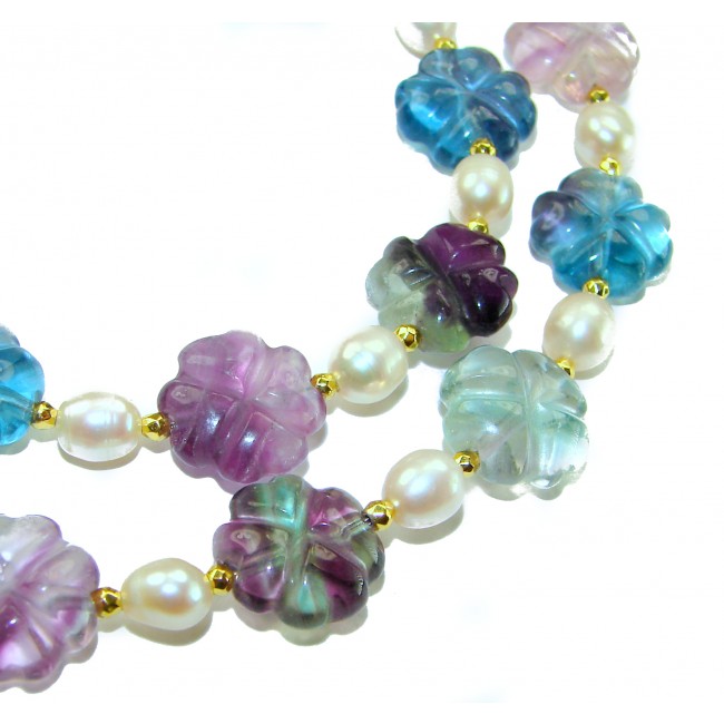 Giovanna - Top quality Natural carved Fluorite Mother of pearl .925 Sterling Silver dipped in 14K Gold handcrafted necklace