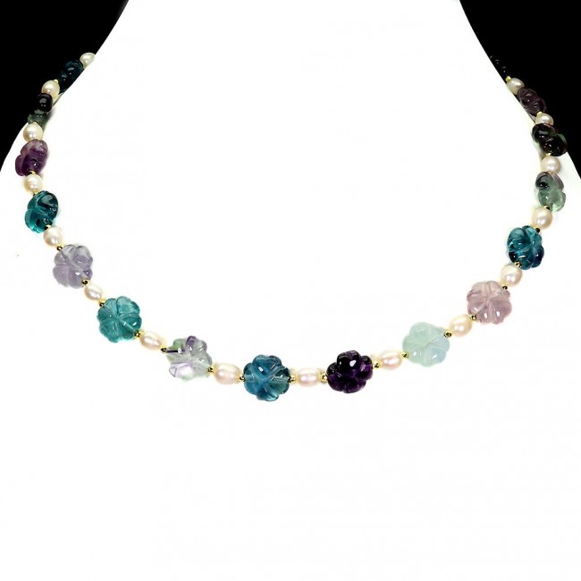 Giovanna - Top quality Natural carved Fluorite Mother of pearl .925 Sterling Silver dipped in 14K Gold handcrafted necklace
