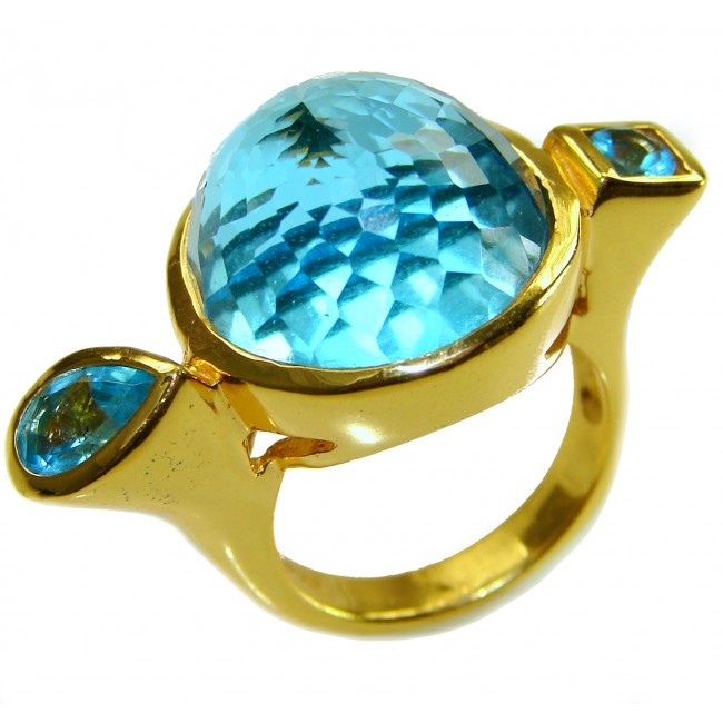 Modern Design 29.1 carat authentic fancy rose round cut Swiss Blue Topaz .925 Sterling Silver dippedin 22K Gold handcrafted Statement Ring size 7