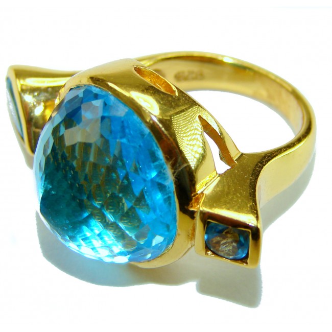 Modern Design 29.1 carat authentic fancy rose round cut Swiss Blue Topaz .925 Sterling Silver dippedin 22K Gold handcrafted Statement Ring size 7