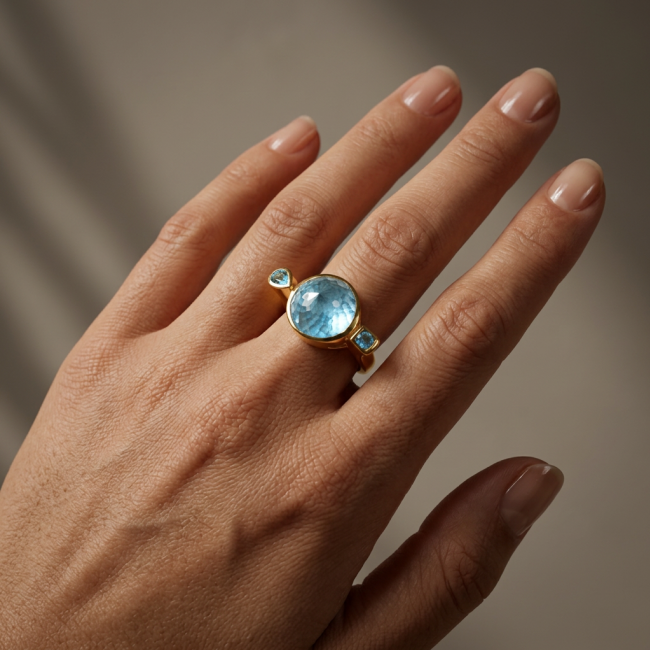 Modern Design 29.1 carat authentic fancy rose round cut Swiss Blue Topaz .925 Sterling Silver dippedin 22K Gold handcrafted Statement Ring size 7