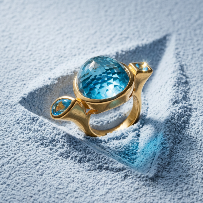 Modern Design 29.1 carat authentic fancy rose round cut Swiss Blue Topaz .925 Sterling Silver dippedin 22K Gold handcrafted Statement Ring size 7