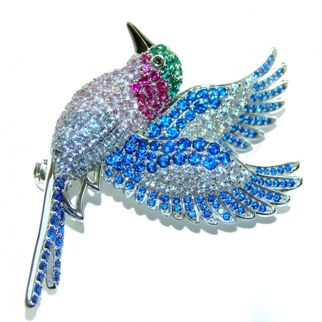 Incredible Flaying Bird Natural 15.9 carat Sapphire Ruby .925 Sterling Silver Brooch Pendant