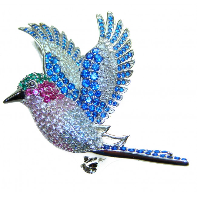 Incredible Flaying Bird Natural 15.9 carat Sapphire Ruby .925 Sterling Silver Brooch Pendant