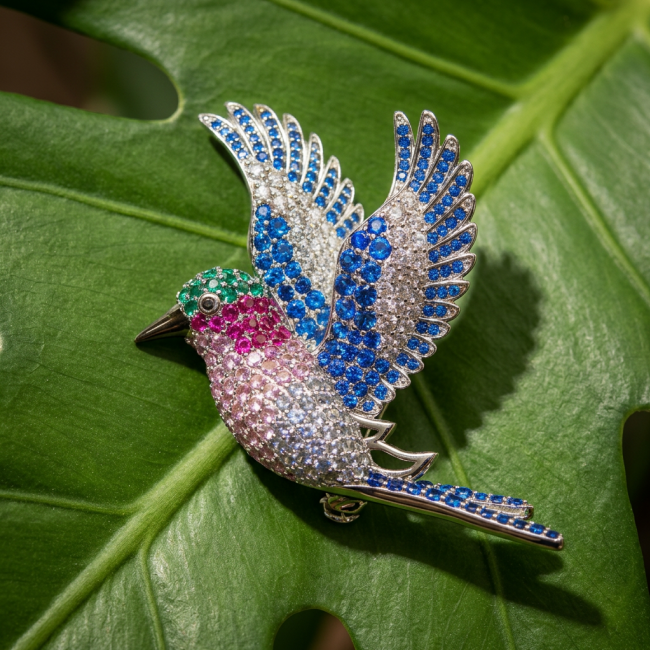 Incredible Flaying Bird Natural 15.9 carat Sapphire Ruby .925 Sterling Silver Brooch Pendant