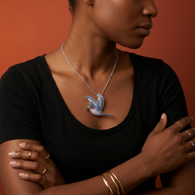 Incredible Flaying Bird Natural 15.9 carat Sapphire Ruby .925 Sterling Silver Brooch Pendant