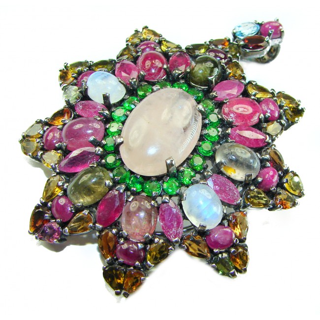 Vintage style Beauty genuine Rose Quartz Brazilian Tourmaline .925 Sterling Silver dipped in black rhodum handmade Pendant - Brooch