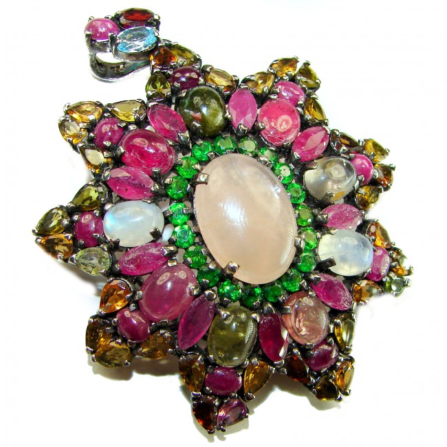 Vintage style Beauty genuine Rose Quartz Brazilian Tourmaline .925 Sterling Silver dipped in black rhodum handmade Pendant - Brooch