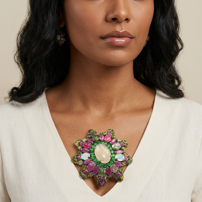 Vintage style Beauty genuine Rose Quartz Brazilian Tourmaline .925 Sterling Silver dipped in black rhodum handmade Pendant - Brooch