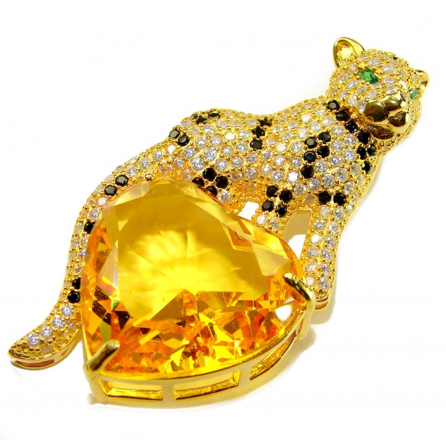 Passionate Love Cheetah authentic 42.5 carat Citreine .925 Sterling Silver dipped in 18K Gold Handcrafted pendant brooch