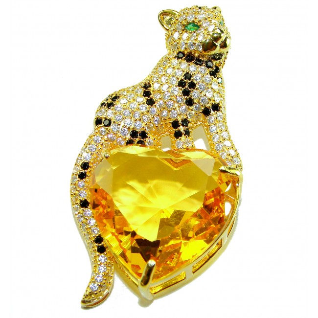 Passionate Love Cheetah authentic 42.5 carat Citreine .925 Sterling Silver dipped in 18K Gold Handcrafted pendant brooch