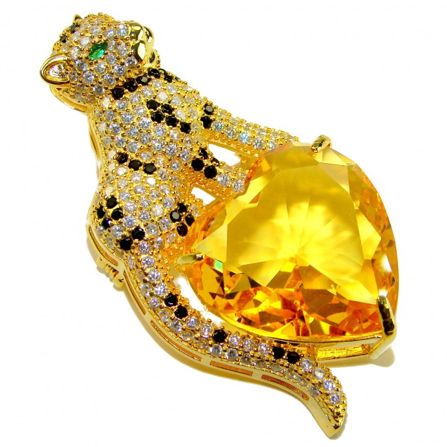 Passionate Love Cheetah authentic 42.5 carat Citreine .925 Sterling Silver dipped in 18K Gold Handcrafted pendant brooch