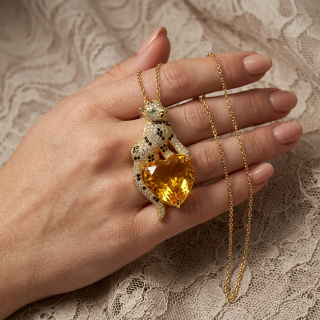 Passionate Love Cheetah authentic 42.5 carat Citreine .925 Sterling Silver dipped in 18K Gold Handcrafted pendant brooch