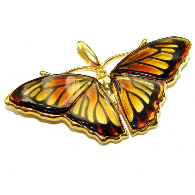 Large - Golden Butterfly natural carved Baltic Amber .925 Sterling Silver dipped in 22K Real Gold handmade Pendant - photo 3