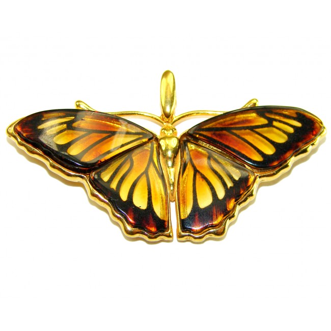 Large - Golden Butterfly natural carved Baltic Amber .925 Sterling Silver dipped in 22K Real Gold handmade Pendant - photo 1