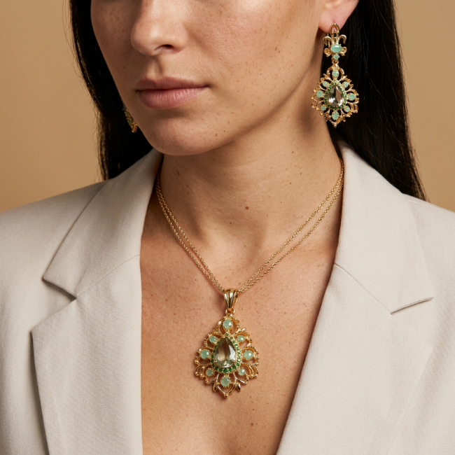 TIFFANY - 23.8 carat Green Amethyst COLOMBIAN Emerald .925 Sterling Silver dipped in 18K Gold handmade Statement Earrings