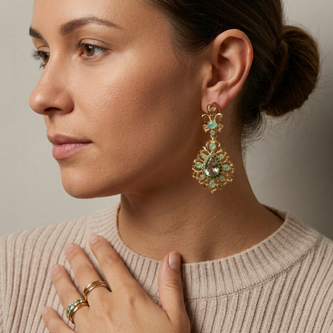 TIFFANY - 23.8 carat Green Amethyst COLOMBIAN Emerald .925 Sterling Silver dipped in 18K Gold handmade Statement Earrings