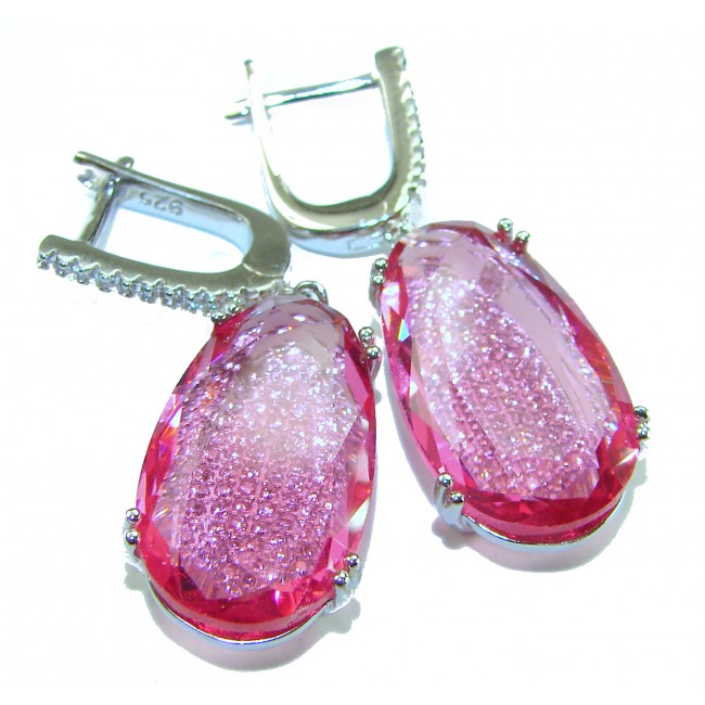 Sweet Raspberry 22.8 carat Pink Tourmaline rhodium over .925 Sterling Silver handcrafted Statement Earrings