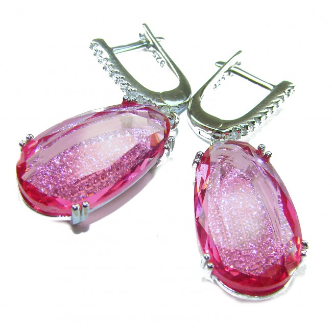 Sweet Raspberry 22.8 carat Pink Tourmaline rhodium over .925 Sterling Silver handcrafted Statement Earrings