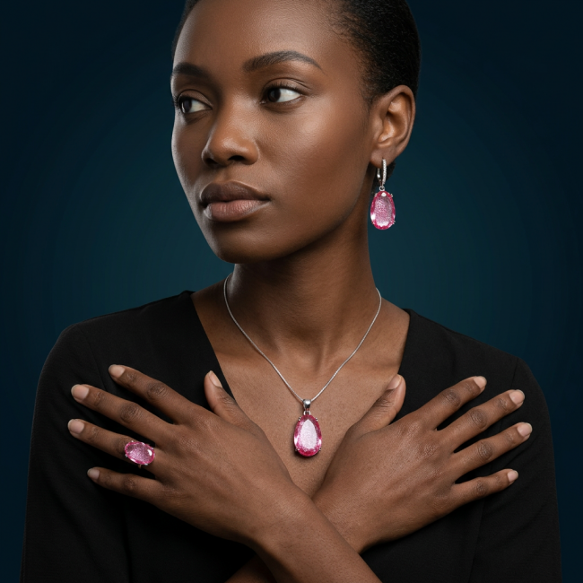 Sweet Raspberry 14.8 carat Pink Tourmaline rhodium over .925 Sterling Silver handcrafted Statement pendant