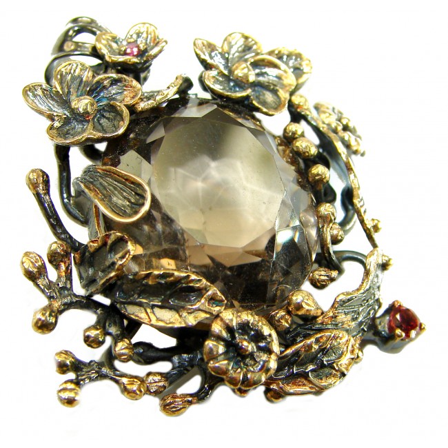 Authentic 33.5 carat carved Smoky Topaz 2 tones .925 Sterling Silver handmade Statement Pendant