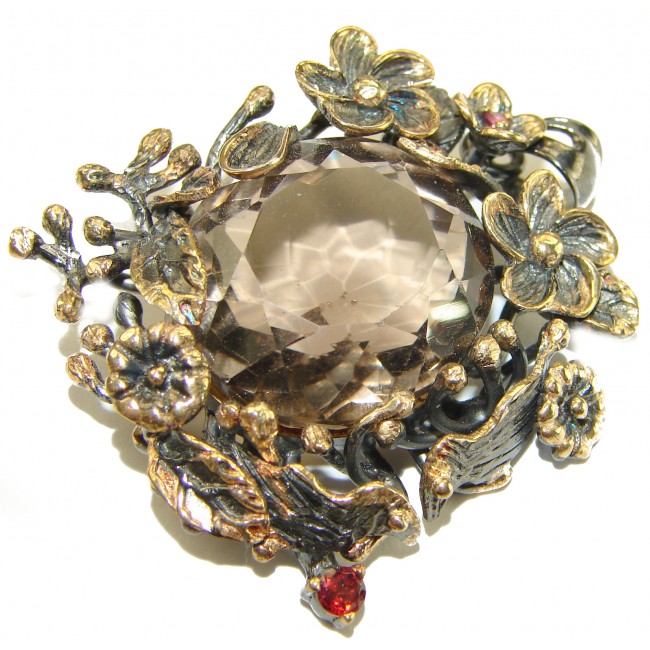 Authentic 33.5 carat carved Smoky Topaz 2 tones .925 Sterling Silver handmade Statement Pendant