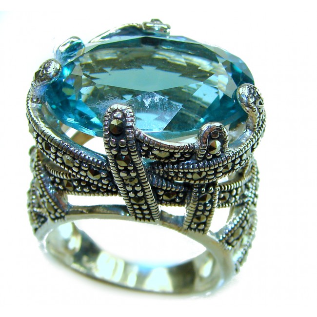 Massive Deep Blue 41.8 carat Aquamarine .925 Sterling Silver handcrafted Large ring size 8