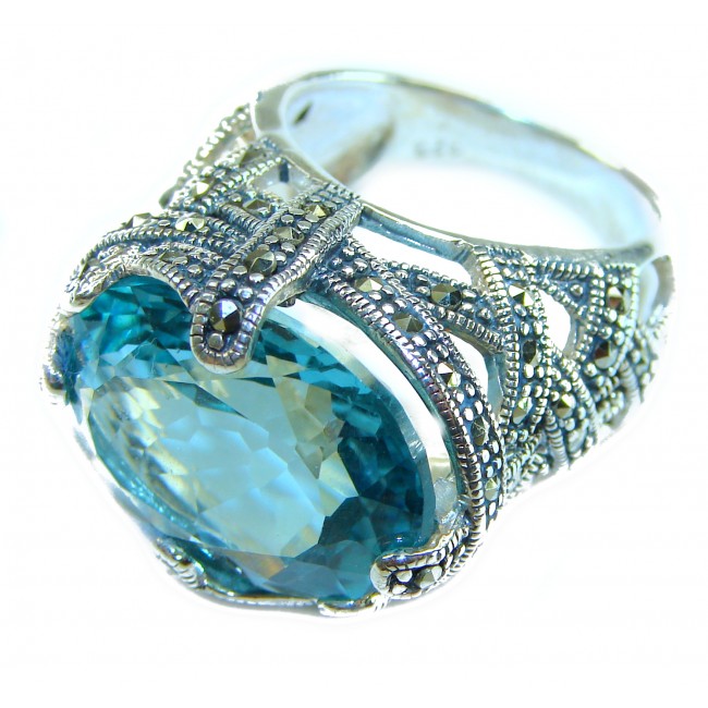 Massive Deep Blue 41.8 carat Aquamarine .925 Sterling Silver handcrafted Large ring size 8