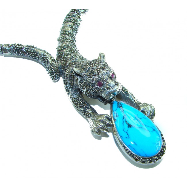 La panthere Turquoise Marcasite .925 Sterling Silver handcrafted SPECTACULAR necklace