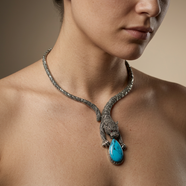 La panthere Turquoise Marcasite .925 Sterling Silver handcrafted SPECTACULAR necklace