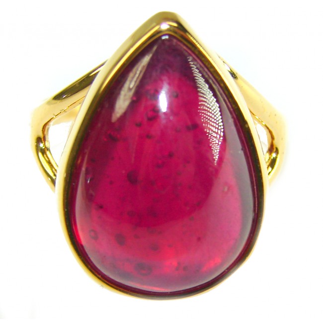 Carmen Natural 28.4 carat Ruby .925 Sterling Silver dipped in 22K Gold handmade Large Statement Ring size 8 - Close-up of Carmen 28.4ct ruby ring in gold-plated sterling silver.