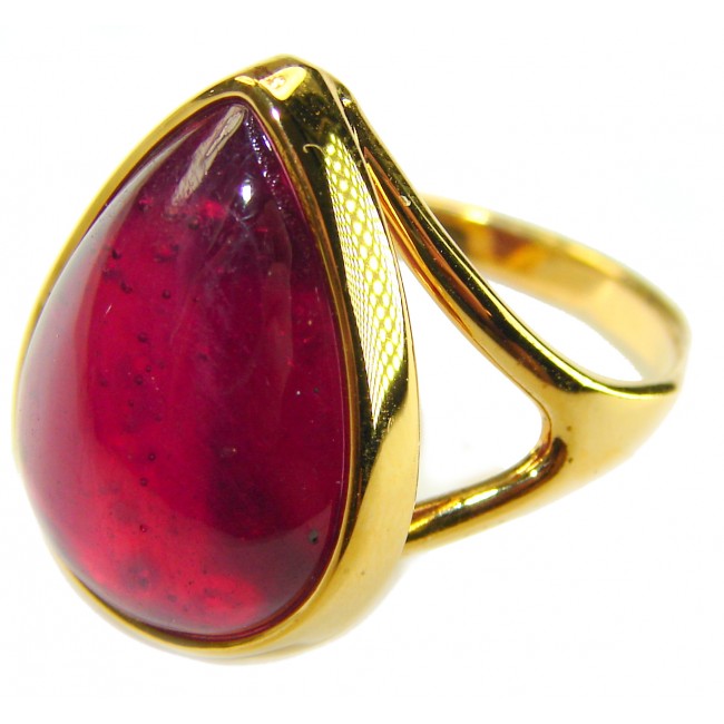 Carmen Natural 28.4 carat Ruby .925 Sterling Silver dipped in 22K Gold handmade Large Statement Ring size 8 - Ruby ring close-up, side view, gold-plated sterling silver setting.
