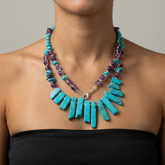 Dreamland Luxurious natural Turquoise Amethyst .925 Sterling Silver handmade necklace