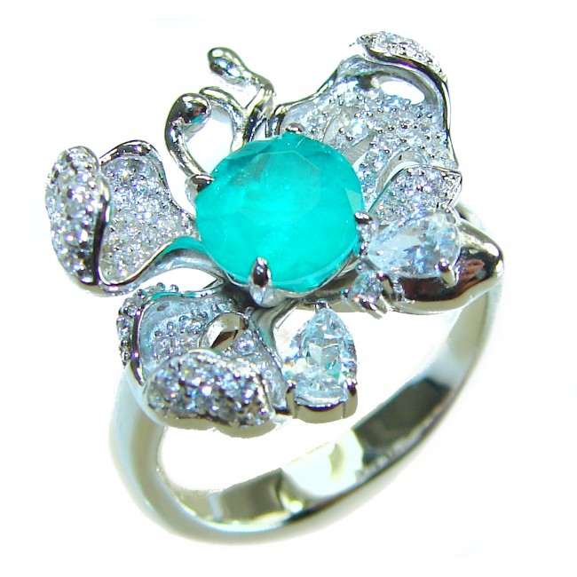 Exotic Flower 4.8 carat natural Colombian Emerald .925 Sterling Silver handmade Statement Ring size 7 1/2 - photo 2