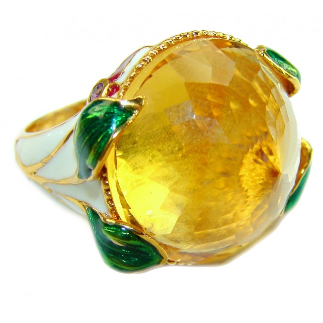 Natural 27.2 carat Brazilian Citrine white enamel .925 Sterling Silver dipped in 22K Gold handmade Statement Ring size 6 1/2