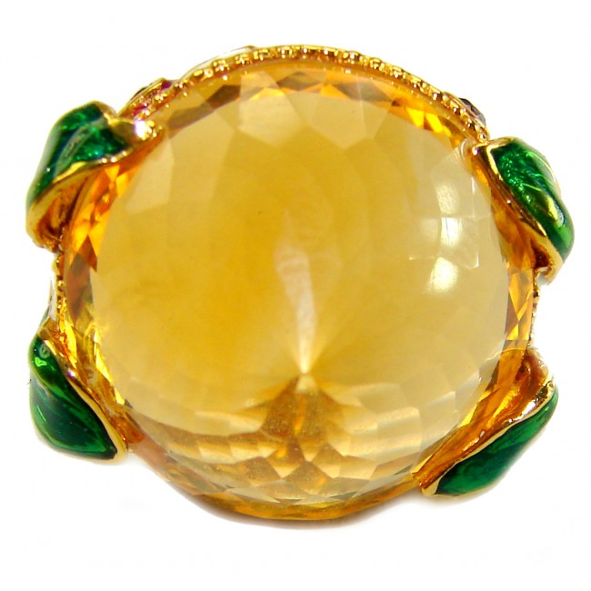 Natural 27.2 carat Brazilian Citrine white enamel .925 Sterling Silver dipped in 22K Gold handmade Statement Ring size 6 1/2