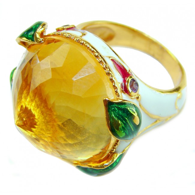 Natural 27.2 carat Brazilian Citrine white enamel .925 Sterling Silver dipped in 22K Gold handmade Statement Ring size 6 1/2