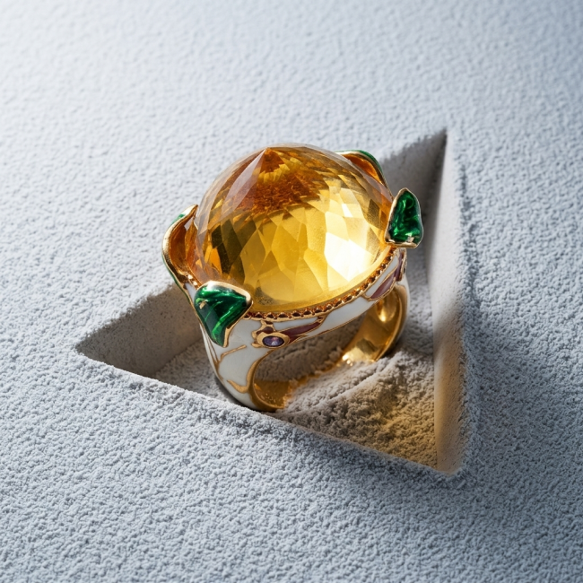 Natural 27.2 carat Brazilian Citrine white enamel .925 Sterling Silver dipped in 22K Gold handmade Statement Ring size 6 1/2