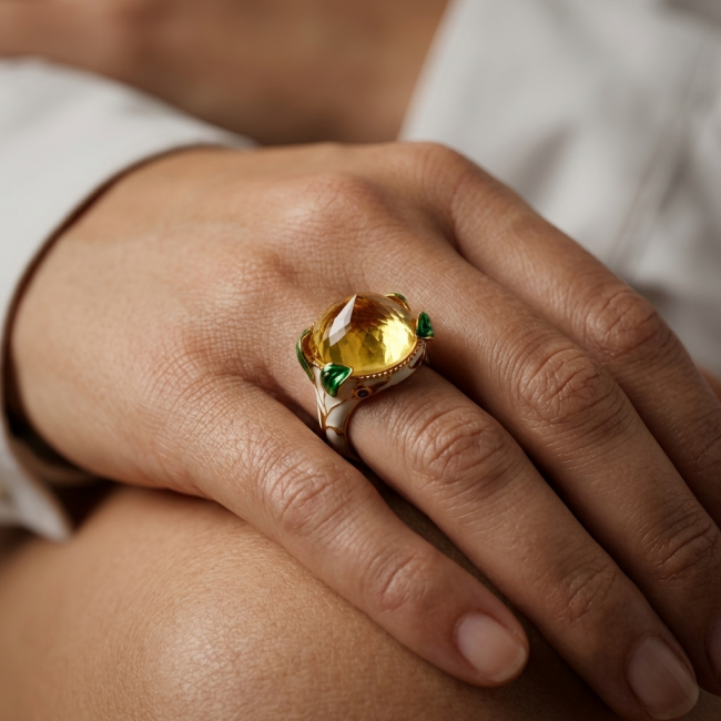 Natural 27.2 carat Brazilian Citrine white enamel .925 Sterling Silver dipped in 22K Gold handmade Statement Ring size 6 1/2