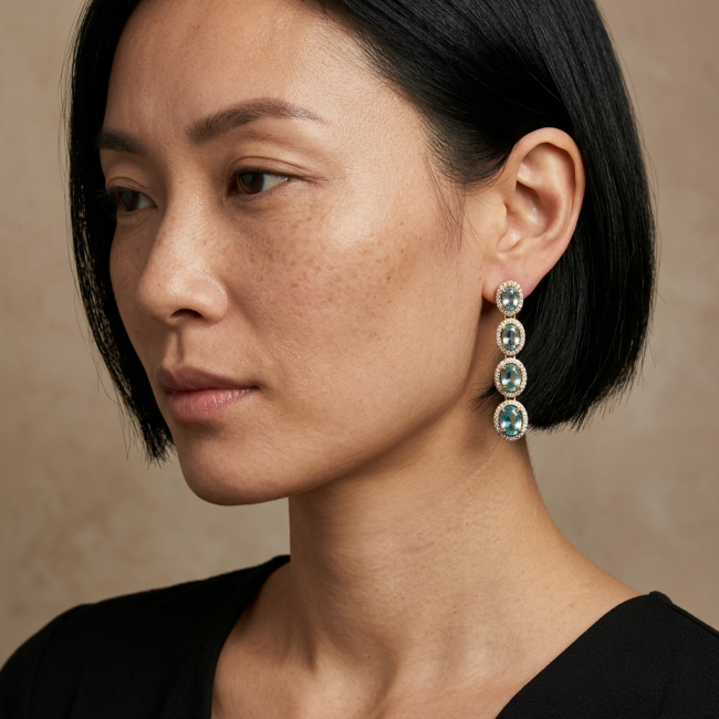 Atlantica 9.7 carat Swiss Blue Topaz .925 Sterling Silver dipped in 18K Gold Handcrafted Statement earrings