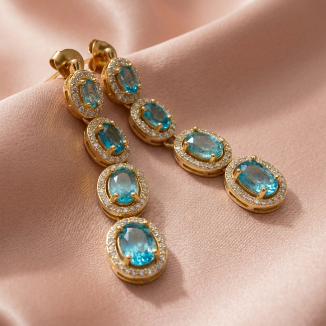Atlantica 9.7 carat Swiss Blue Topaz .925 Sterling Silver dipped in 18K Gold Handcrafted Statement earrings