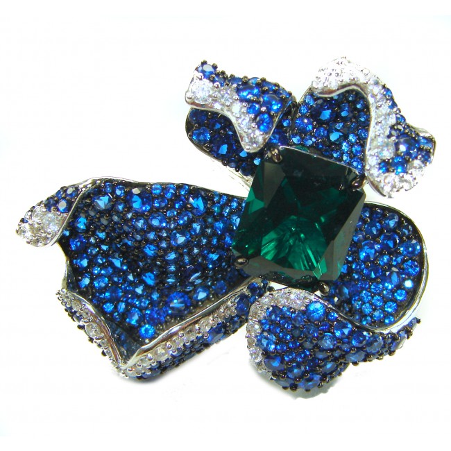 Wild Flower 55.2 carat authentic Colombian Emerald Sapphire.925 Sterling Silver handcrafted Statement Ring size 6 1/4
