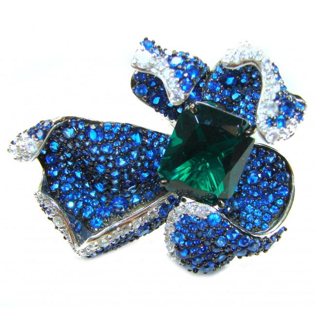 Wild Flower 55.2 carat authentic Colombian Emerald Sapphire.925 Sterling Silver handcrafted Statement Ring size 6 1/4