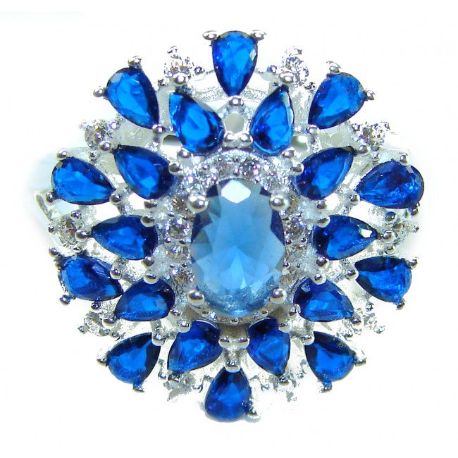 Genuine 10.2 CARAT Sapphire .925 Sterling Silver Large Statement Ring size 7 3/4 - Close-up of large sapphire and silver ring with multiple blue stones.